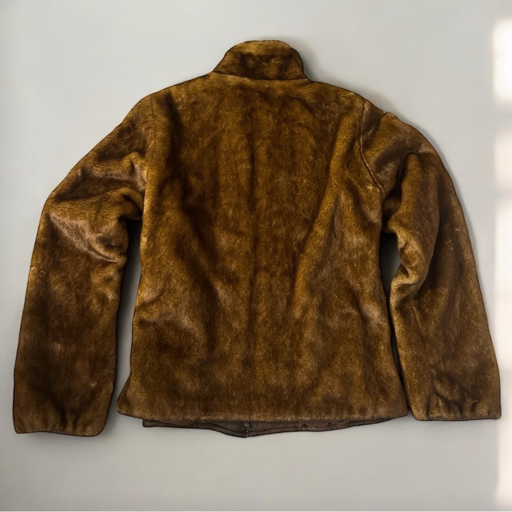 Alpine Studio Brown Faux Fur Jacket Ruched Distressed Faux Leather Trim Zipper - Picture 7 of 12